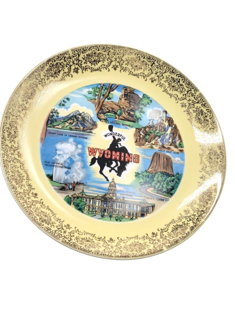 Vtg Wyoming Souvenir Plate With Gold Border Scenic State Landmarks 8" Illustrati
